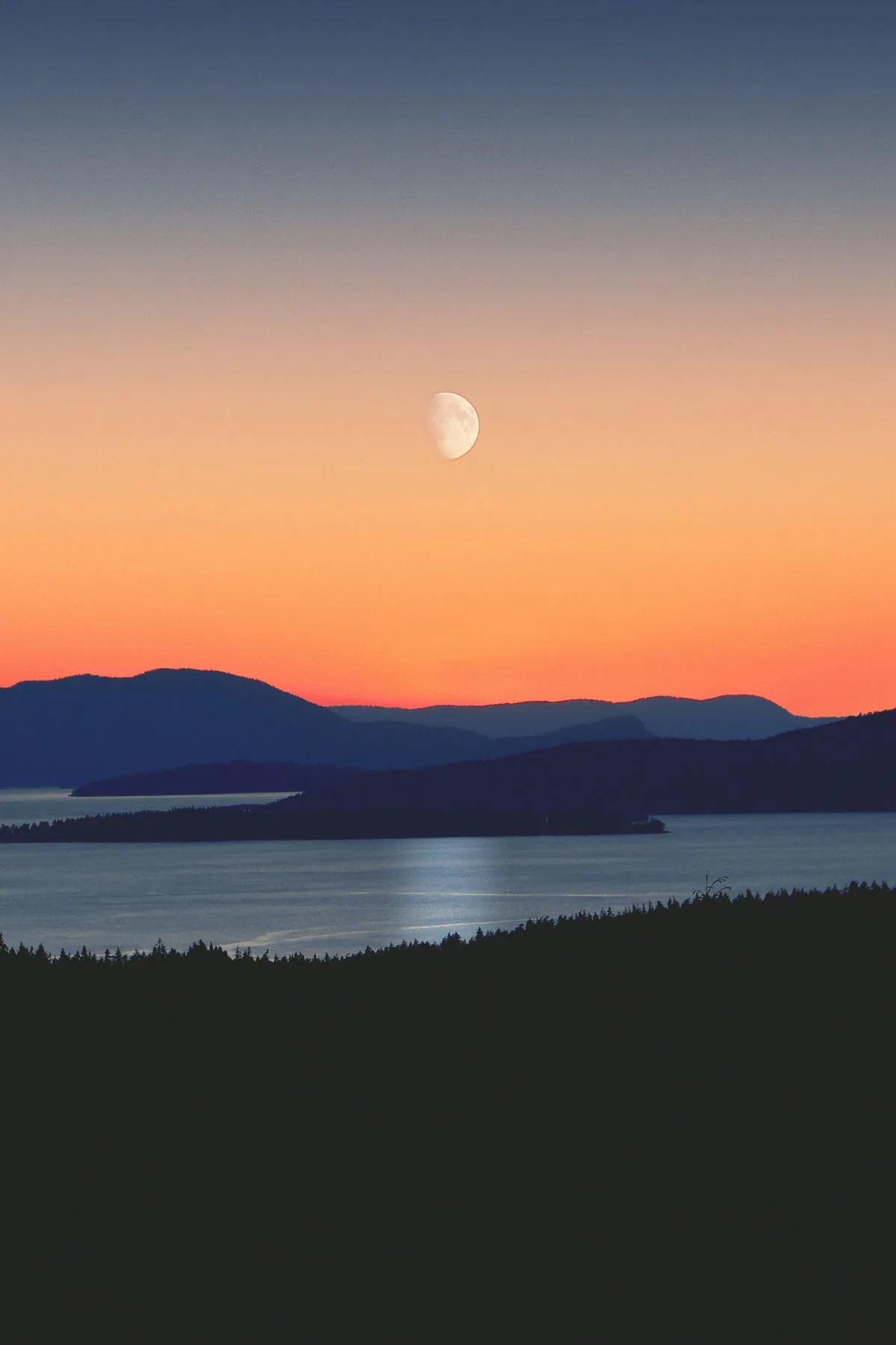 Moon rising above a calm Nordic coastline