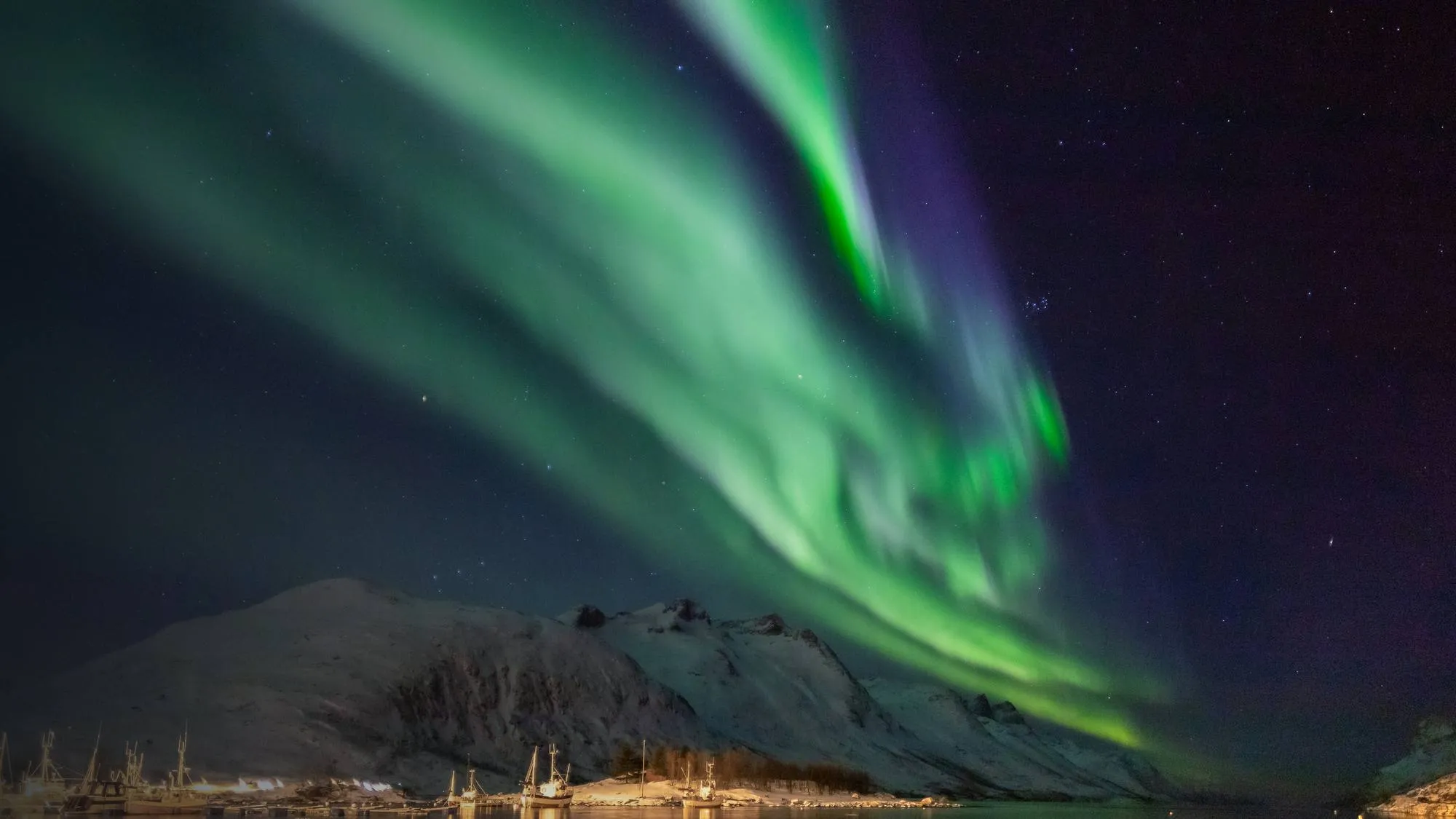 Green Northern Lights over snowy mountains and a small harbour
