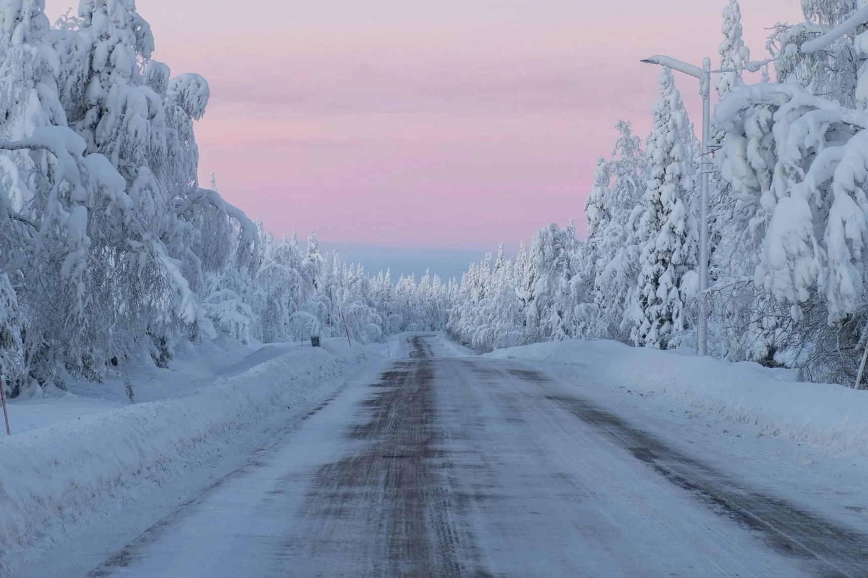 Snow-covered road through a frosted Lapland forest at pink dawn