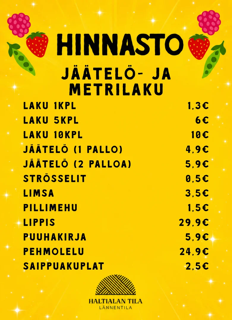Keltainen hinnasto, jossa mustalla tekstillä otsikko "HINNASTO JÄÄTELÖ- JA METRILAKU".