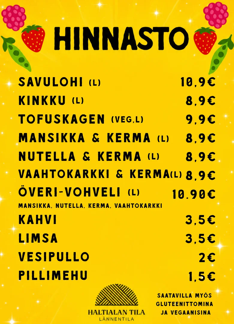 Kirkkaan keltainen hinnasto, jossa on mustalla tekstillä lista ruoista ja juomista hintoineen.