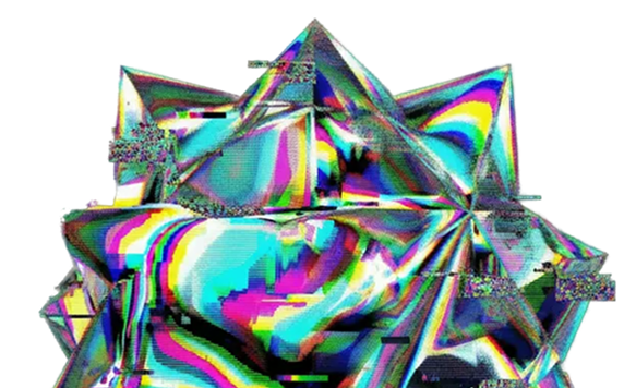 Forme abstraite en trois dimensions avec un motif multicolore et des effets de décalage numérique.