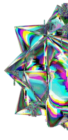 Gros plan d'une étoile en métal avec une finition multicolore irisée et un effet glitch numérique.