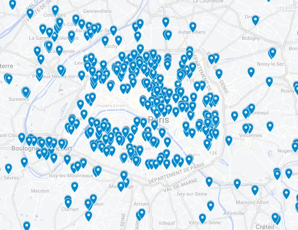 Une carte qui représente le réseau d'écrans publicitaires de Turnadon à Paris et en Île de France.