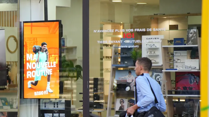 Écran DOOH basse consommation diffusant un contenu créatif dans un espace urbain.