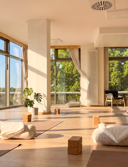 Sonnendurchfluteter Yogaraum mit Matten, Yogablöcken und großen Fenstern im Nalu Yoga Studio Rostock