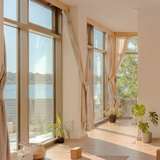 Heller Yogaraum mit großen Fenstern, Pflanzen und Yogamatten im Nalu Yoga Studio Rostock am Warnowufer