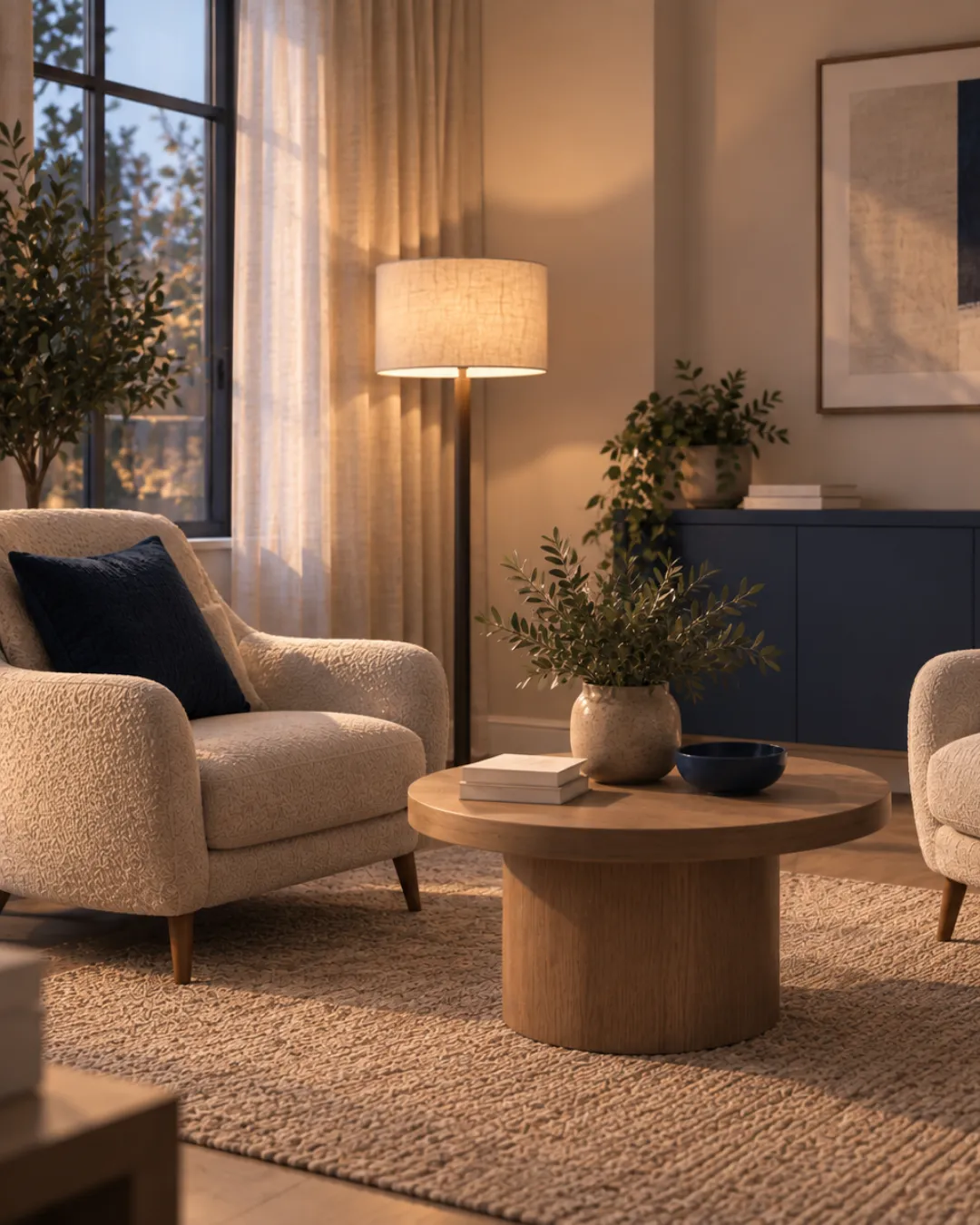 Ambiance salon bleu marine et beige