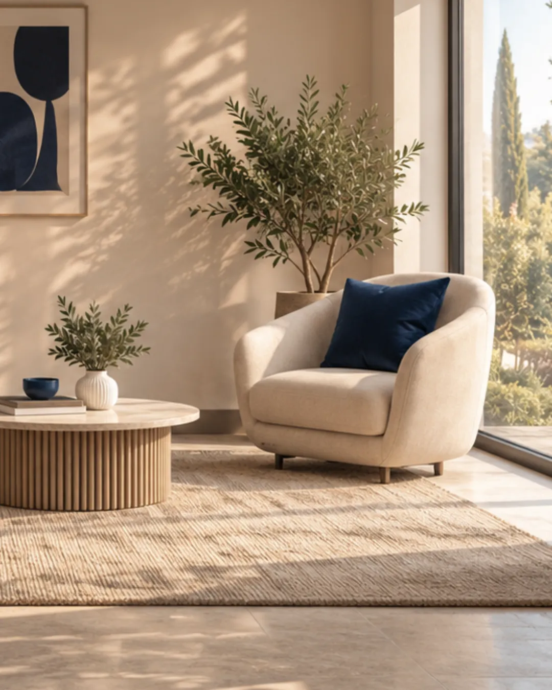 Fauteuil dans salon chaleureux en beige et bleu marine