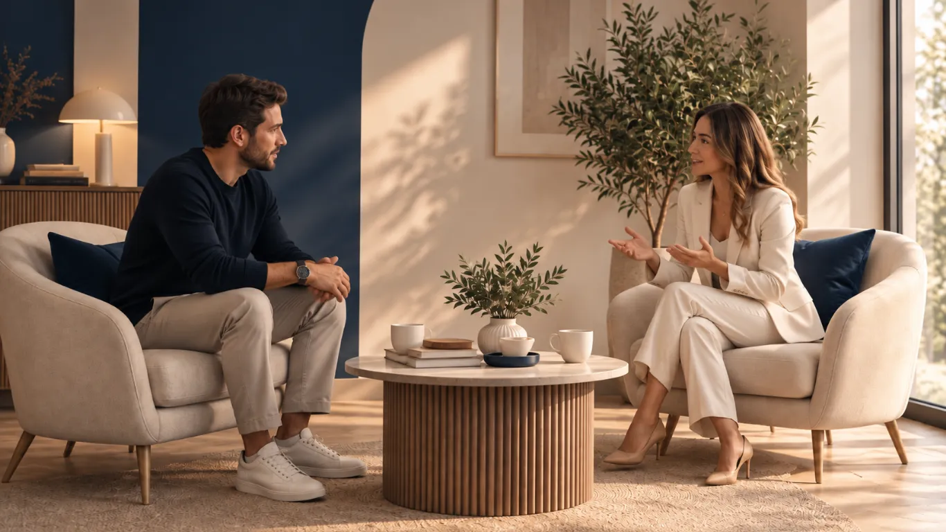 Femme et homme qui discute dans un salon