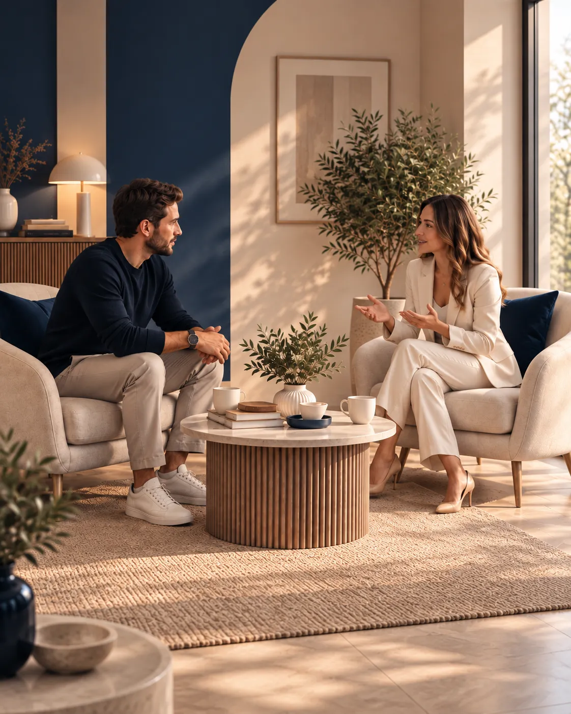 Femme et homme qui discute dans un salon