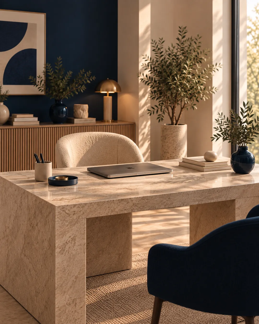Bureau beige et bleu