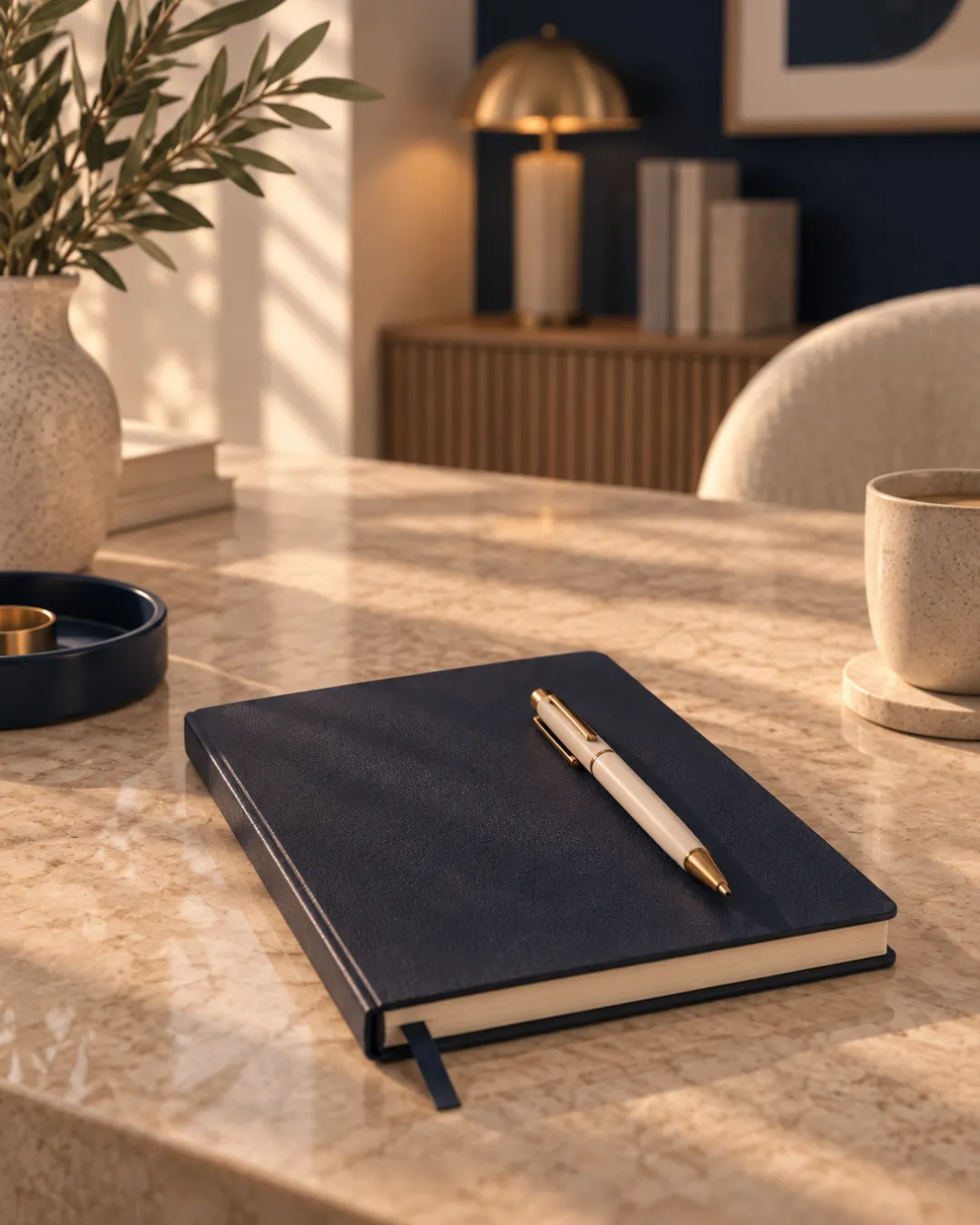 Bureau avec carnet bleu marine et tasse de café