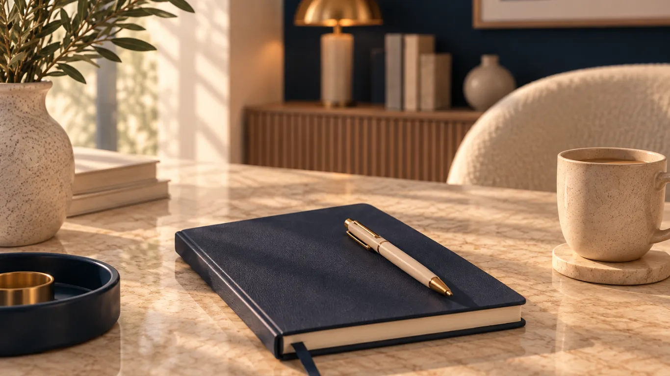 Bureau avec carnet bleu marine et tasse de café
