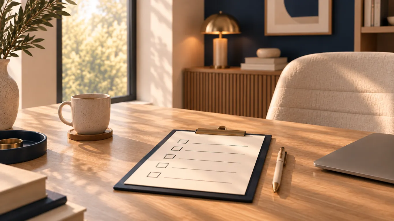 Bureau avec check list sur bureau et fauteuil blanc