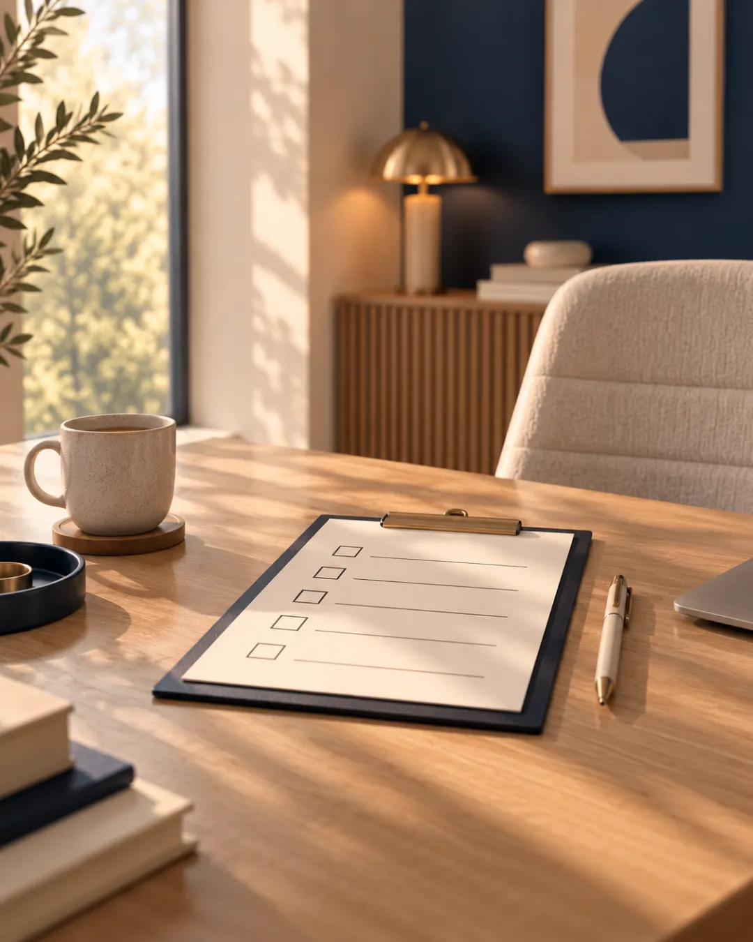 Bureau avec check list sur bureau et fauteuil blanc