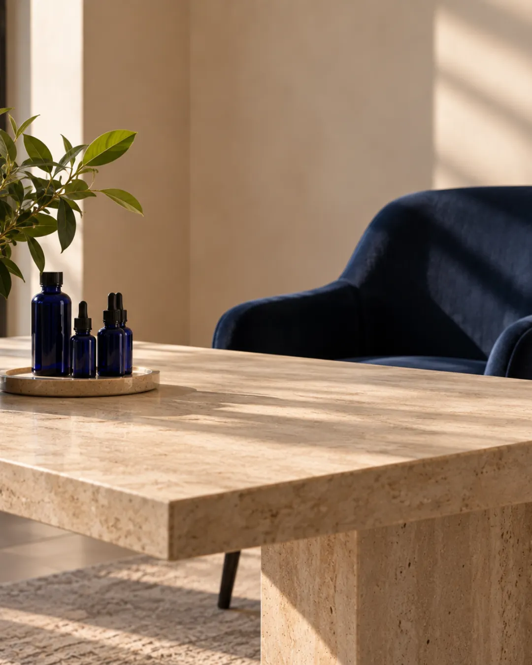 bureau avec huiles essentielles et fauteuil bleu marine
