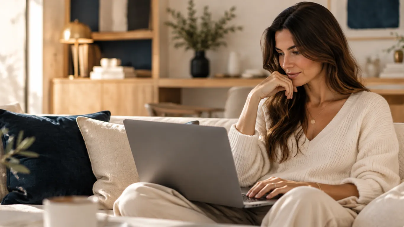 Femme sur son canapé qui travaille sur son ordinateur