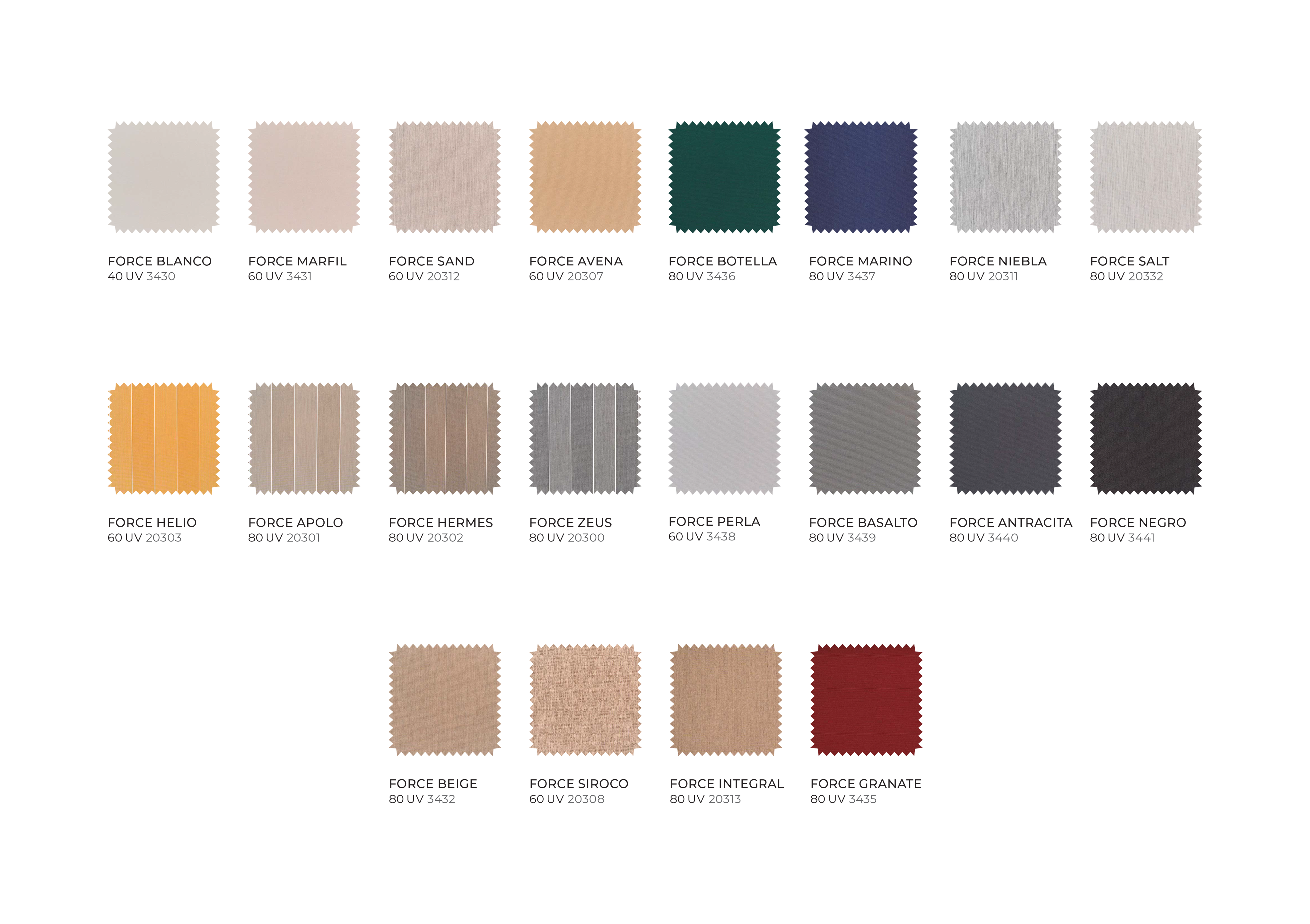 Muestras de tela Force en varios colores como blanco, marfil, sand y granate con códigos UV y números.