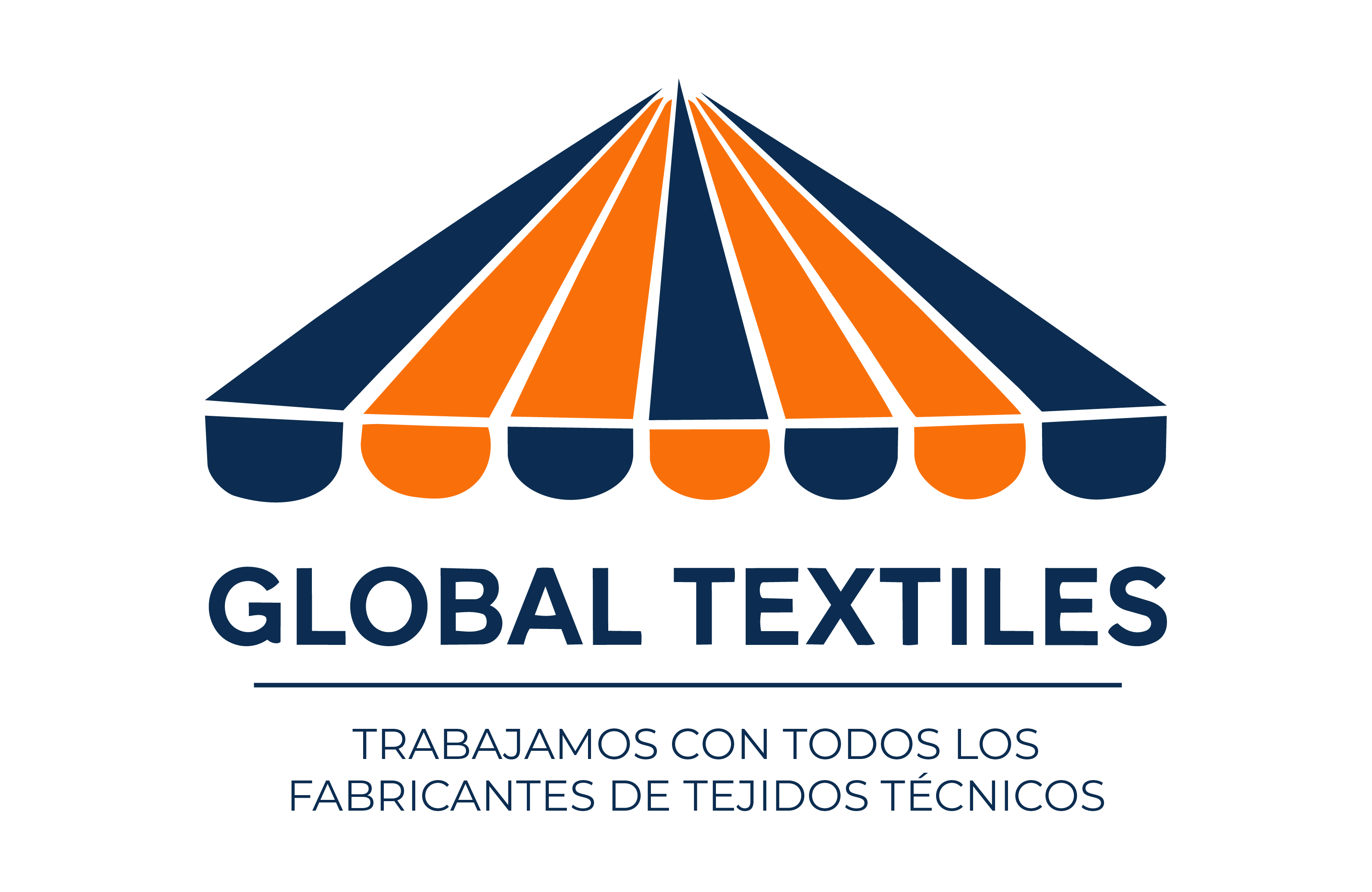 Logotipo con toldo naranja y azul y texto Global Textiles con lema en español sobre tejidos técnicos.