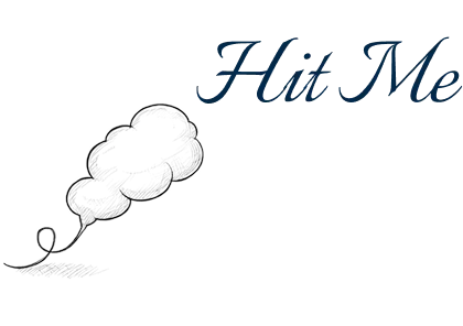 Illustration of a hand holding a vintage microphone with the text 'Hit Me' in elegant script.