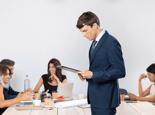 Hiring manager reviewing a candidate profile during a recruitment meeting