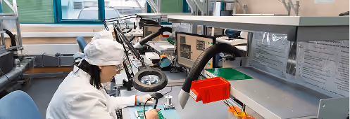 Technician assembling electronics in a manufacturing lab