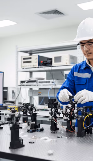 Engineer calibrating optical equipment in a photonics research lab