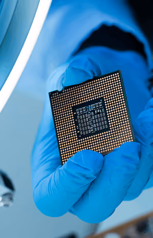 Engineer inspecting a semiconductor wafer in a cleanroom