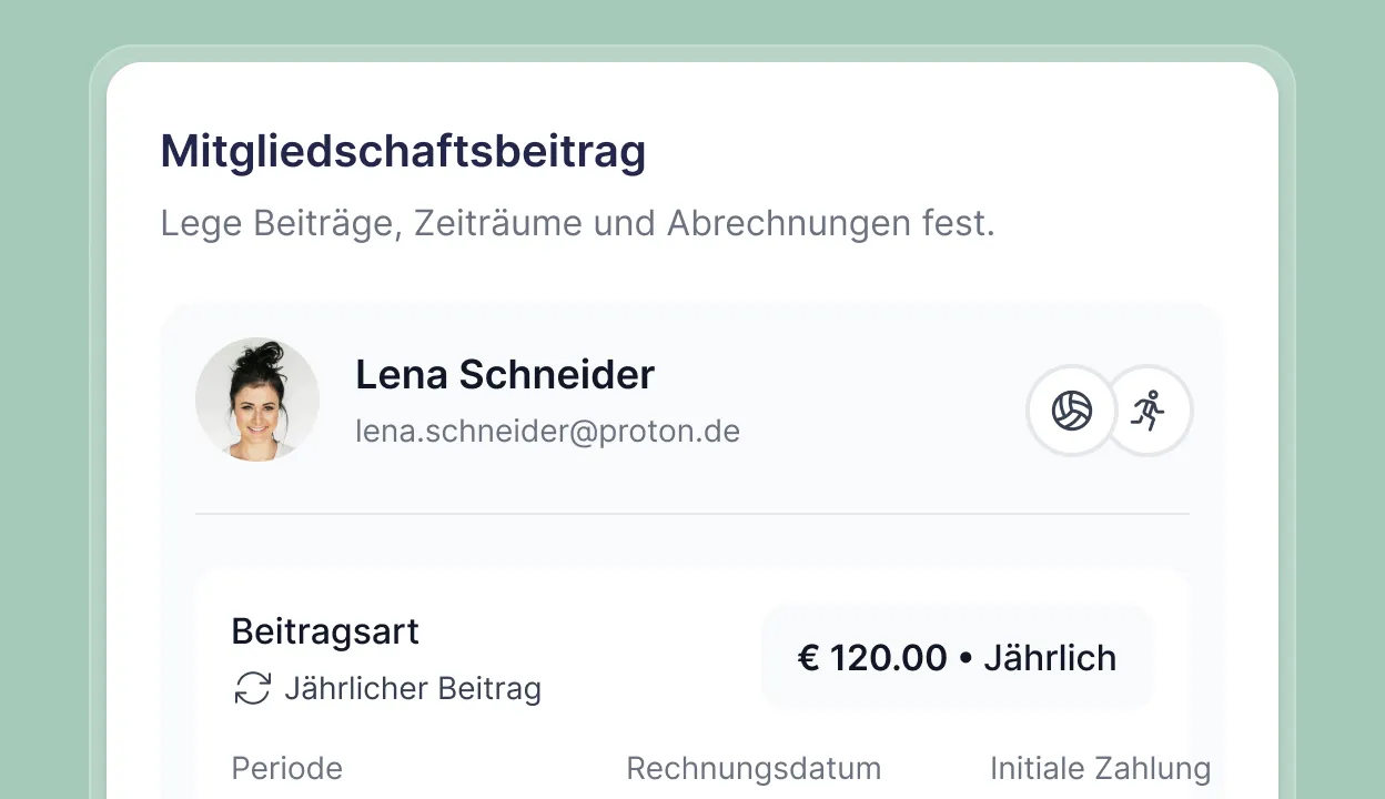 Mitgliedschaftsbeitrag-Übersicht mit Namen Lena Schneider, E-Mail lena.schneider@proton.de und jährlicher Beitrag von 120 Euro.