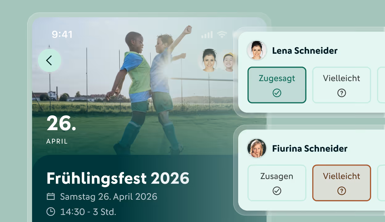 Smartphone-Bildschirm zeigt Veranstaltungseinladung für Frühlingsfest 2026 am 25. Januar mit Teilnehmerantworten von Lena Schneider und Fiurina Schneider.