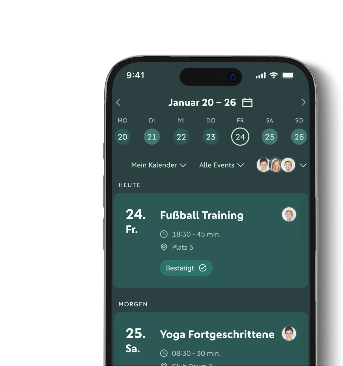 Smartphone mit Kalender-App, zeigt Termine vom 20. bis 26. Januar, darunter Fußballtraining am 24. Januar und Yoga für Fortgeschrittene am 25. Januar.