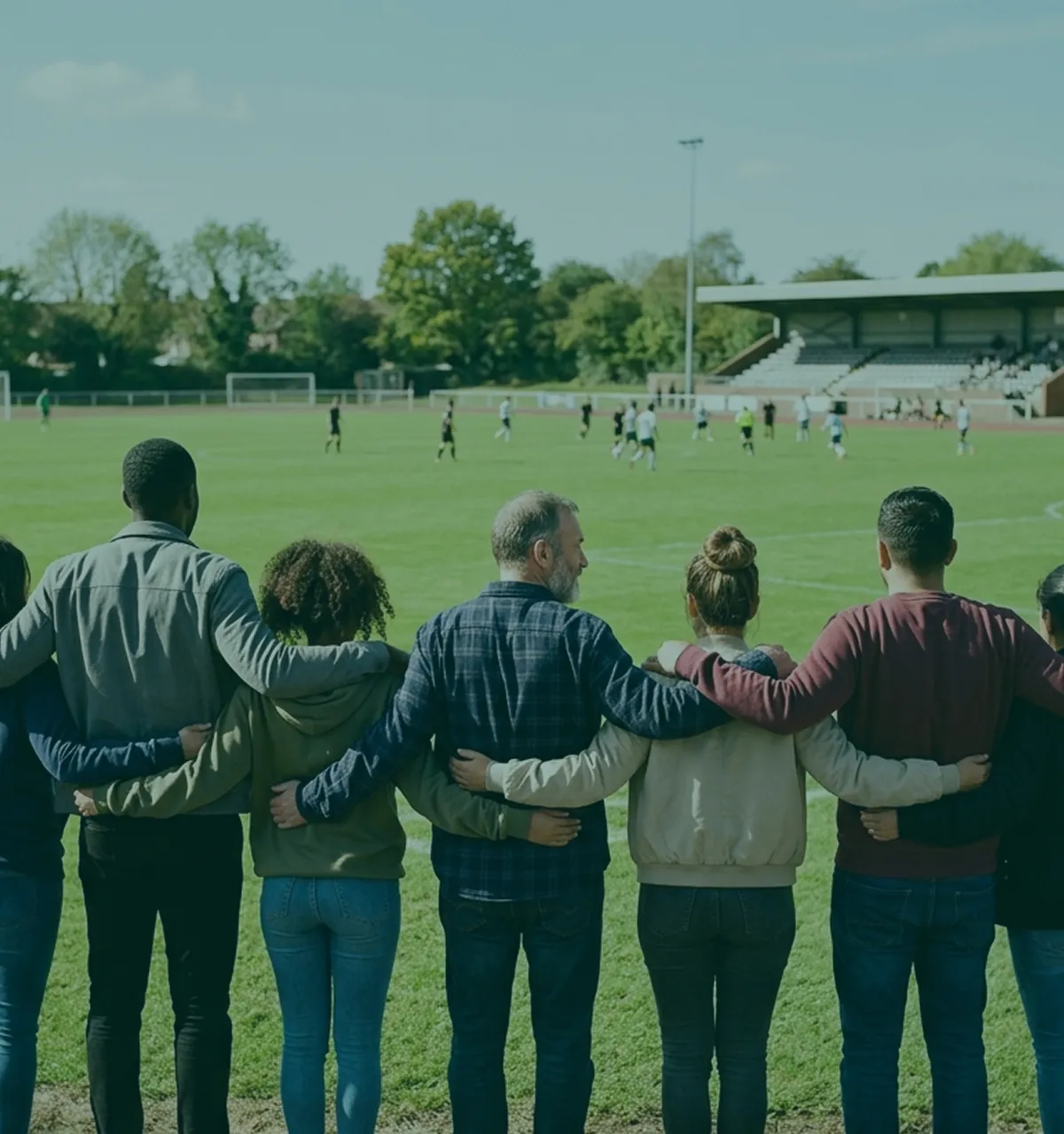 Gruppe von Fußballfans steht Arm in Arm am Spielfeldrand und schaut auf ein laufendes Spiel.