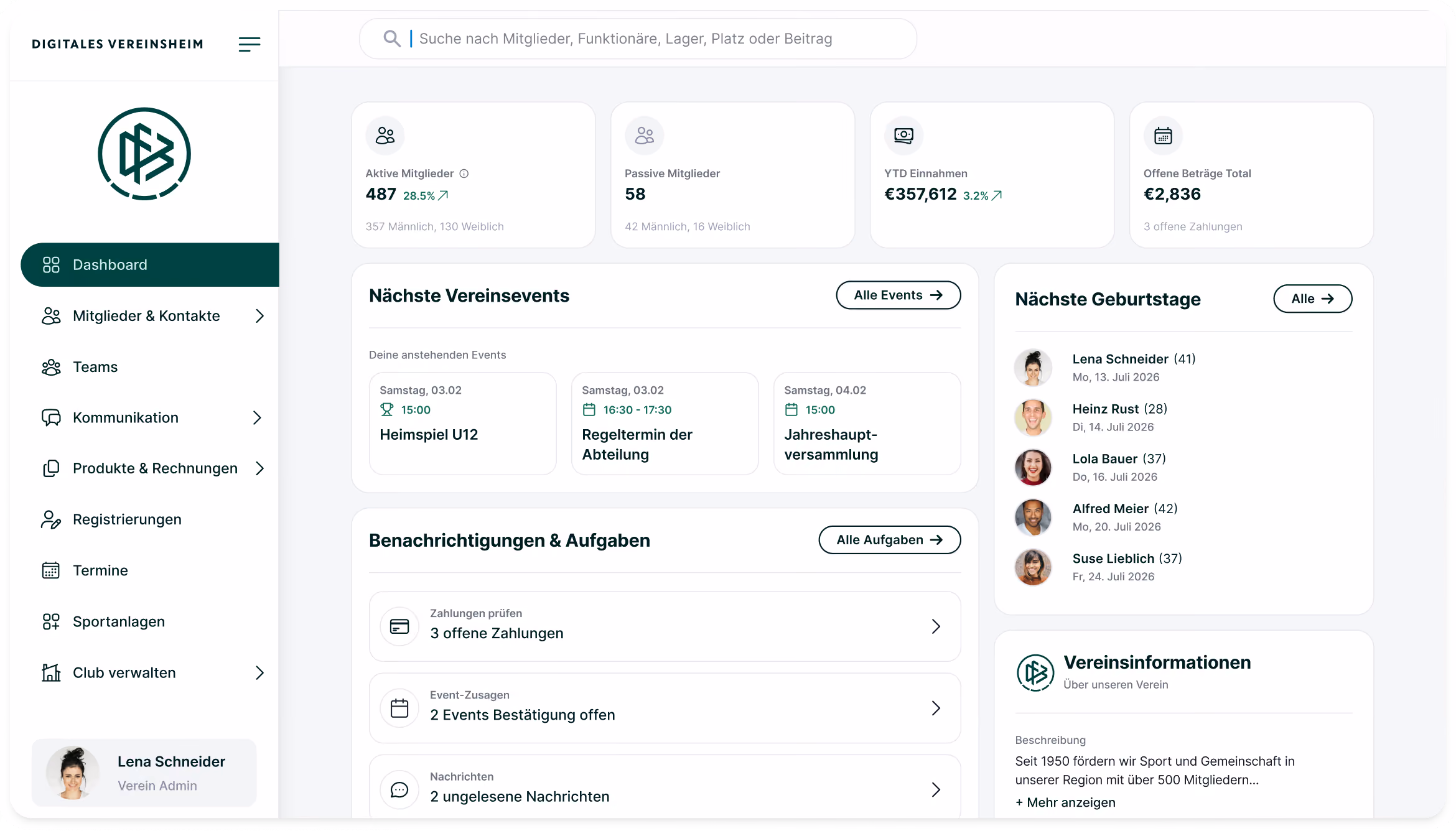 Dashboard eines digitalen Vereinsheims mit Übersicht zu aktiven und passiven Mitgliedern, Einnahmen, offenen Beiträgen, kommenden Vereinsterminen, Geburtstagen und Benachrichtigungen.