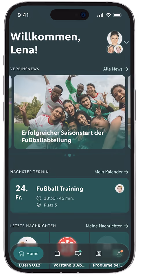 Mobile App Startseite mit Begrüßung für Lena, Vereinsnews mit Fußballteam-Foto und Meldung zum erfolgreichen Saisonstart, nächster Termin Fußball Training am 24. Fr., 18:30 Uhr, 45 Minuten auf Platz 3.