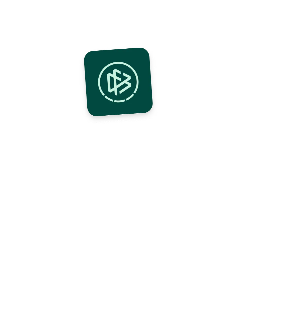 Grünes Quadrat mit einem weißen, stilisierten, dreidimensionalen Logo in der Mitte, umgeben von einem kreisförmigen Rahmen.