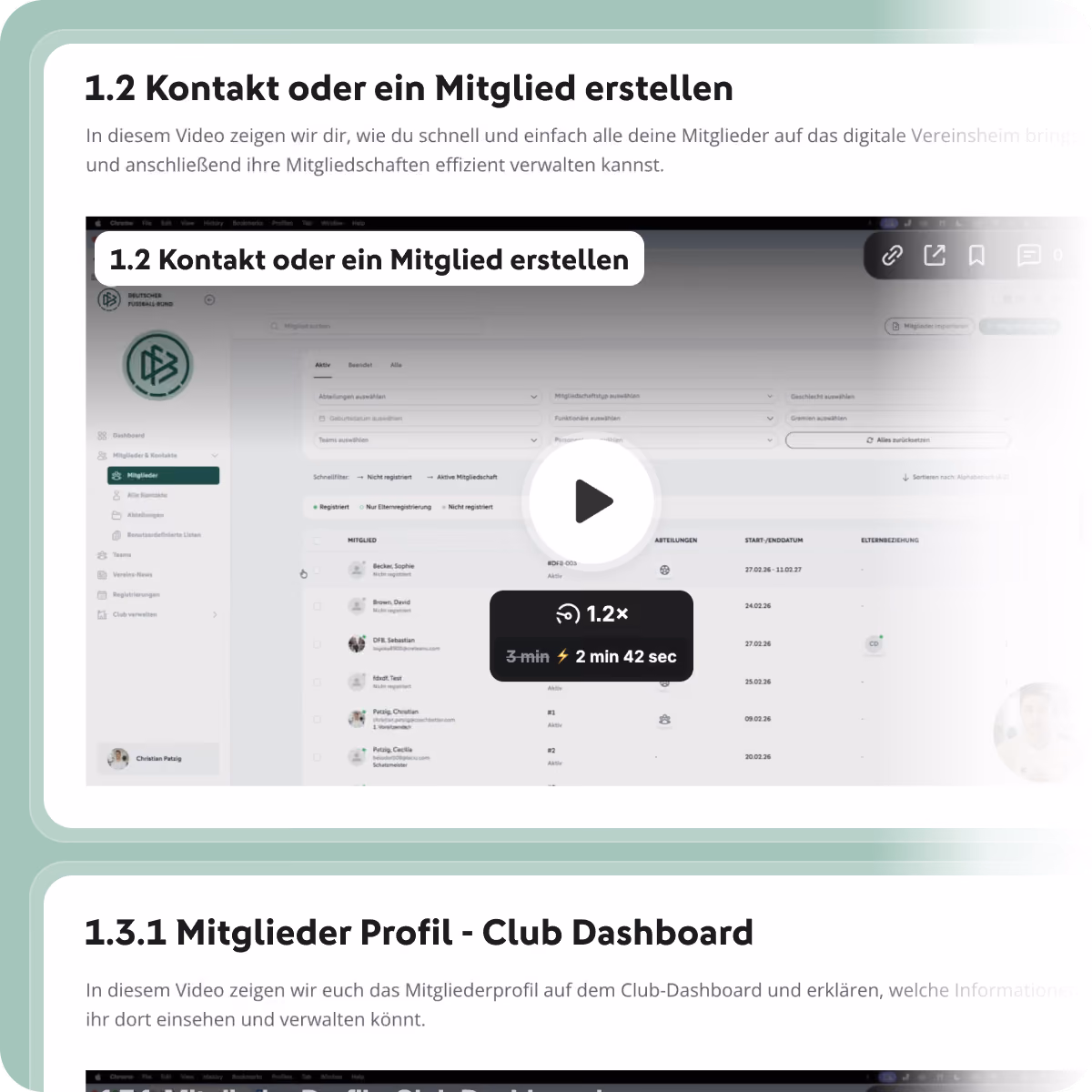 Interface-Darstellung des Digitalen Vereinsheims mit einer Ansicht der Vereinsverwaltung.