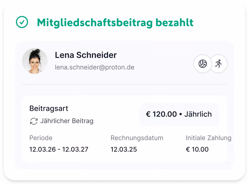 App-Ansicht des Digitalen Vereinsheims mit Bестätigung eines erfolgreich gezahlten Mitgliedsbeitrags.