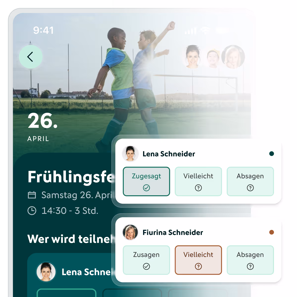 Screenshot der Eventfunktion des Digitalen Vereinsheims mit Termindetails und Anmeldeoption.