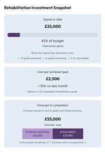 Rehabilitation investment snapshot showing £25,000 spent to date using 45% of budget on 10 goals achieved, 6 goals improving, and 2 risk/stalled; cost per achieved goal is £2,500, 10% less than last month; forecast to completion estimate total is £55,000 with £30,000 projected remaining and £25,000 actual spend.