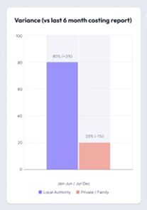 Bar chart showing variance in finance report with Local Authority at 80% for Jan-Jun and Private/Family at 20% for Jul-Dec.