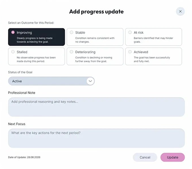 Interface for adding a progress update with options to select outcome status like improving, stable, at risk, stalled, deteriorating, or achieved, plus fields for goal status, professional note, next focus, and update date.