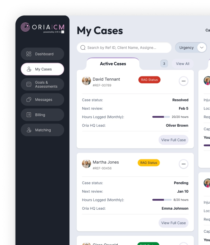 Dashboard interface showing My Cases section with active cases for David Tennant, Martha Jones, and Clara Oswald, including case status, next review date, hours logged, and Oria HQ Lead.