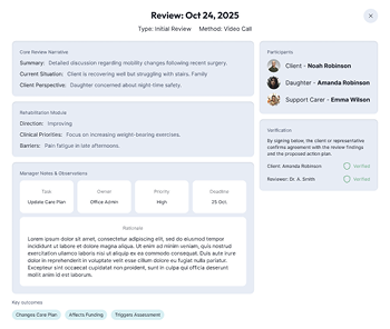 Medical review summary dated Oct 24, 2025, detailing client status, rehabilitation notes, manager tasks, participants, and verification information.
