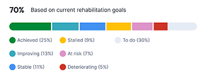 Progress bar chart showing rehabilitation goals status with 70% based on current goals; segments include Achieved 25%, Stalled 9%, To do 30%, Improving 13%, At risk 7%, Stable 11%, and Deteriorating 5%.