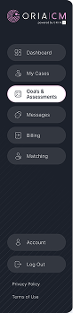 Vertical dark sidebar menu with icons and text, including Dashboard, My Cases, Goals & Assessments highlighted, Messages, Billing, Watching, Account, and Log Out options.