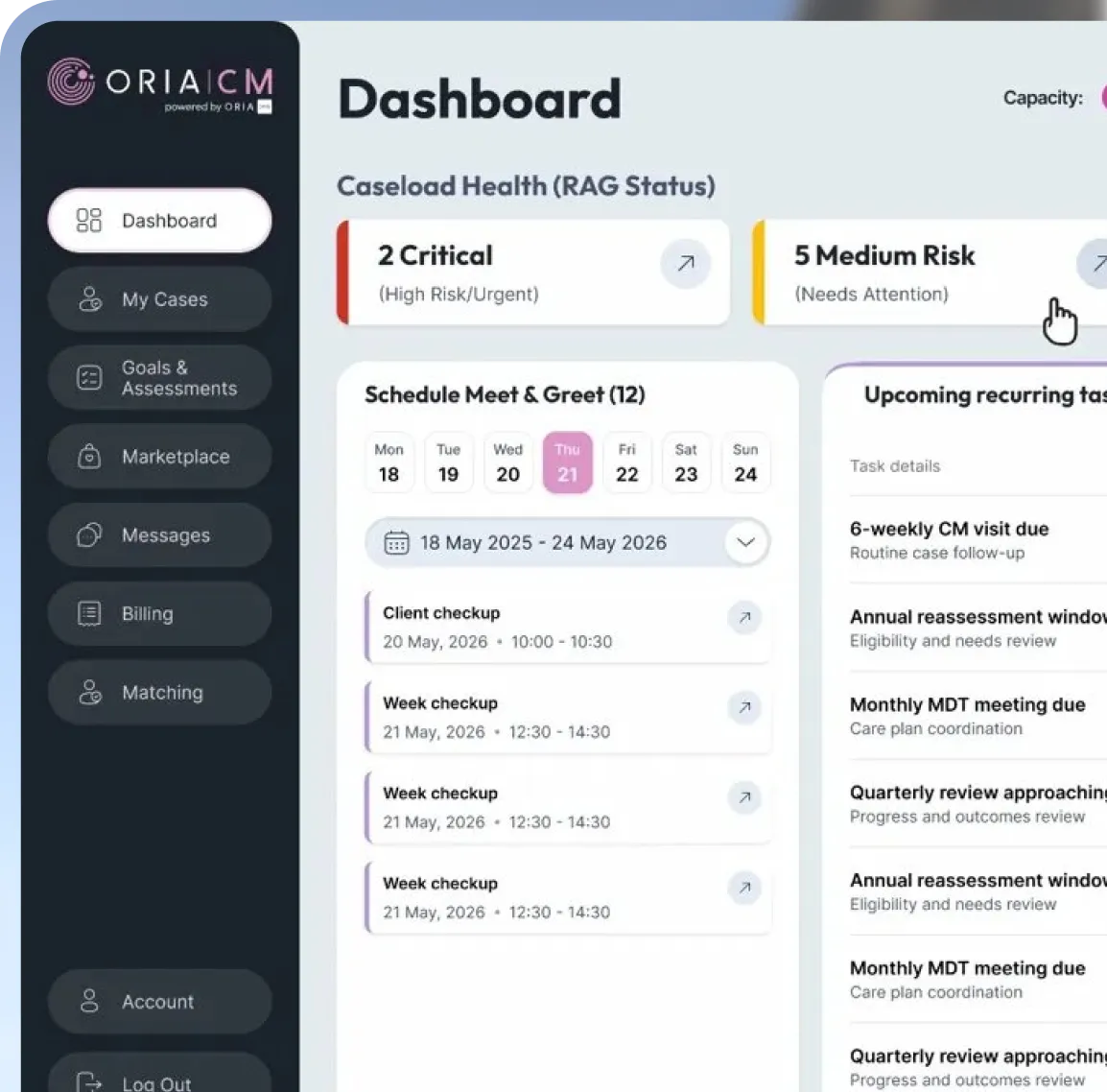 Health dashboard showing caseload health with 2 critical and 5 medium risk cases, a schedule of meet and greet appointments for May 18-24, 2026, and a list of upcoming recurring tasks including CM visits, reassessments, and MDT meetings.