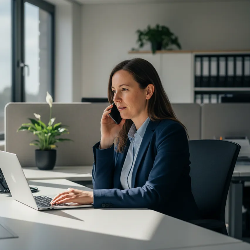 Professional woman in blazer talking on phone while working on laptop in an office.