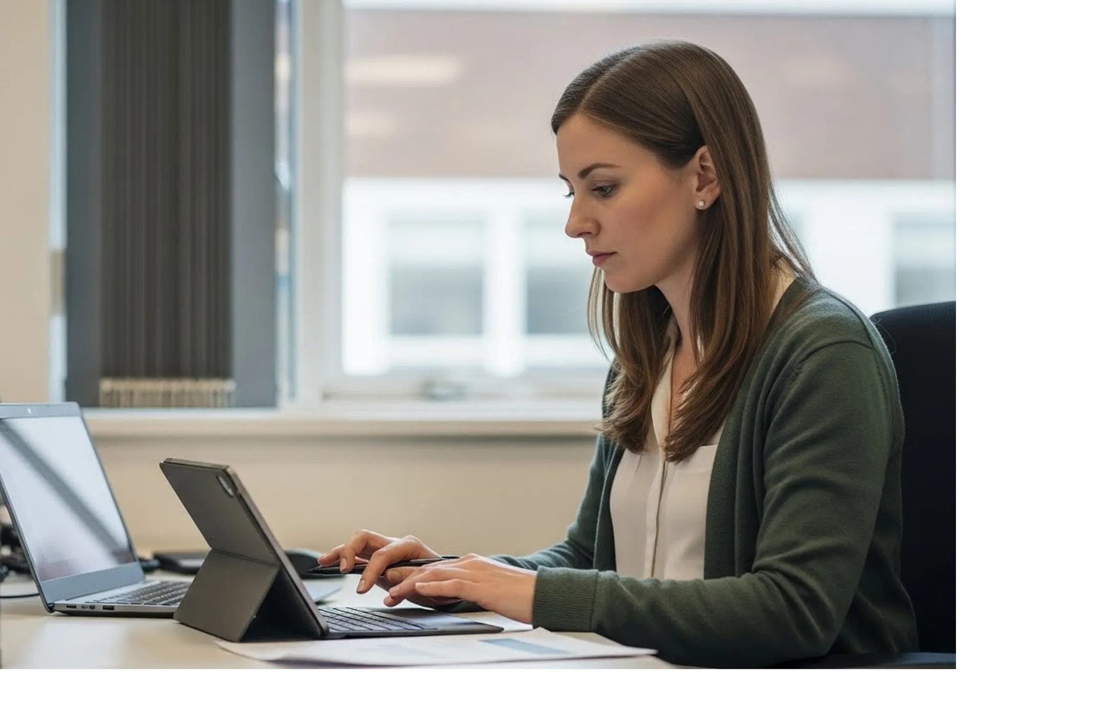 Woman with brown hair working on a tablet with keyboard at a desk, next to an open laptop in a bright office.