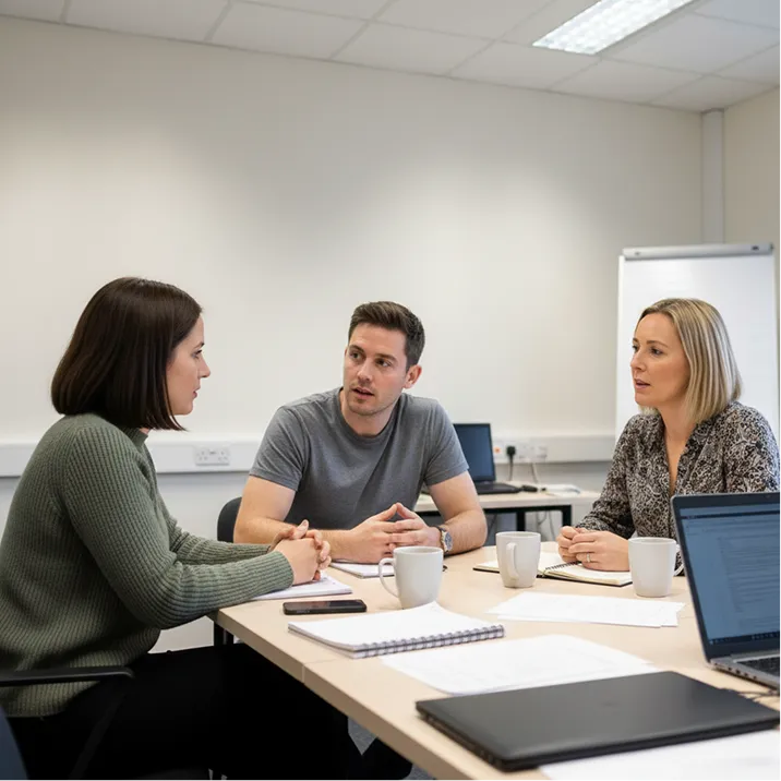 Three professionals sitting at a table having a discussion with notebooks, coffee mugs, and laptops.